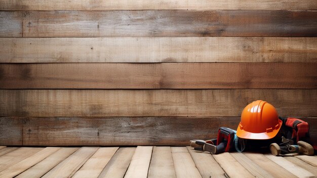 Gelukkige Dag van de Arbeid Bouwgereedschappen Kopieer ruimte voor tekst op houten achtergrond