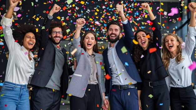 Gelukkige diverse medewerkers vieren succes in het bedrijfsleven