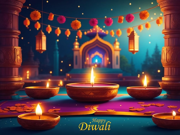Foto gelukkige diwali-banner met diya en kleurrijke bloemenlantaarndecoratie