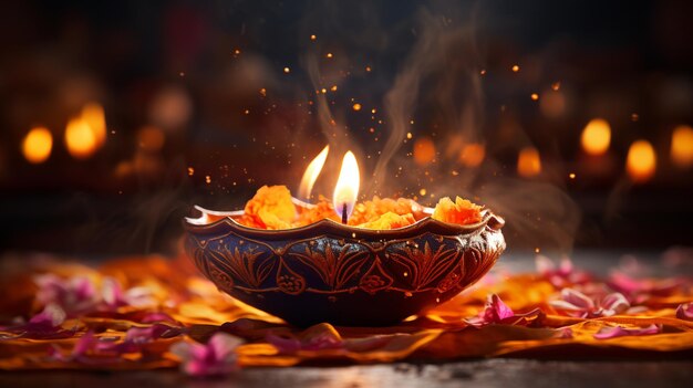 Foto gelukkige diwali decoratieve diya traditionele feestviering achtergrond