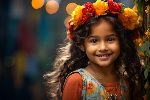 gelukkige diwali groetkaart met een Indiaans mooi meisje met een diya of terracotta olie lamp boven