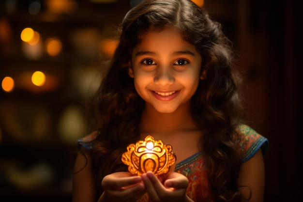 gelukkige diwali groetkaart met een Indiaans mooi meisje met een diya of terracotta olie lamp boven