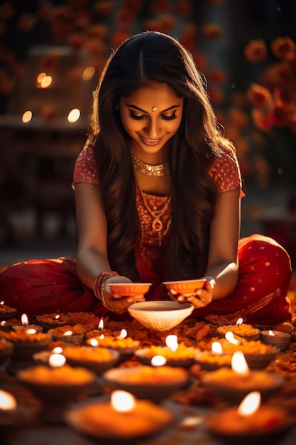 Foto gelukkige diwali indiase vrouw met diwali diya of olie lamp in de hand diwali festival viering concept
