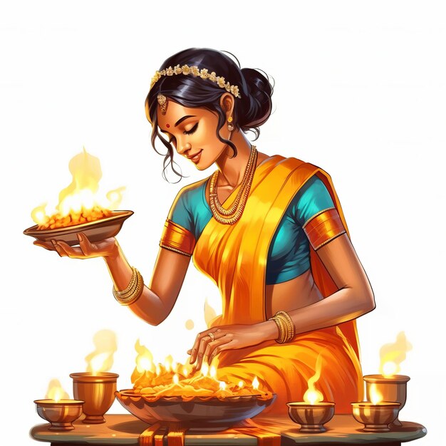 Gelukkige Diwali Indiase vrouw met verlichting Lamp of Diya generatieve ai