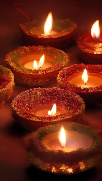 Foto gelukkige diwali klei diya lampen aangestoken tijdens de diwali viering