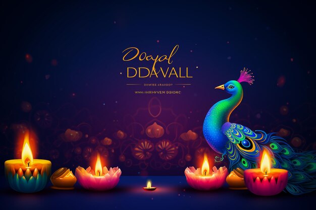 Foto gelukkige diwali-poster met diya-lamp en pauw