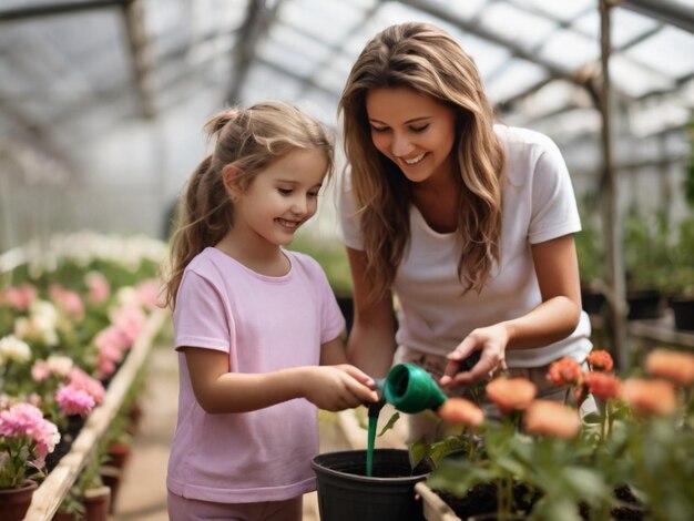 Gelukkige dochter die haar moeder helpt met het water van bloemen in een tuin