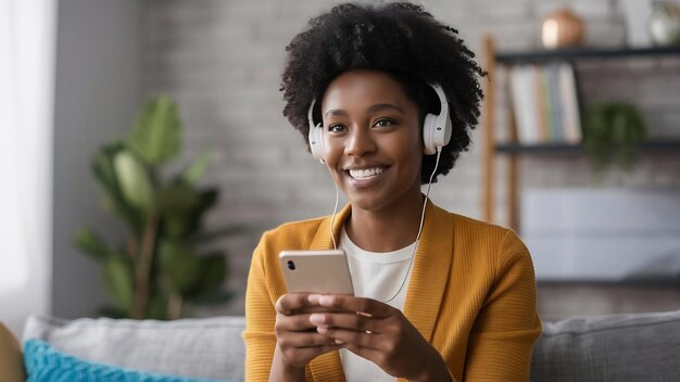 Gelukkige donkere vrouw glimlacht graag, leest ontvangen berichten, luistert naar muziek via draadloze telefoon.