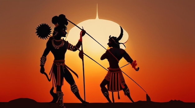 Gelukkige Dussehra met Heer Rama en Raavan silhouet