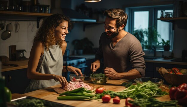 Gelukkige echtpaar die samen in een keuken koken
