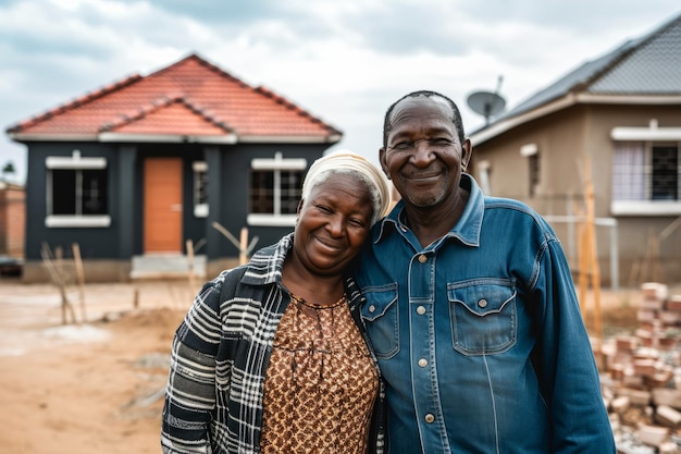 Foto gelukkige echtpaar staat voor hun nieuwe huis opgewonden over hun nieuwe begin