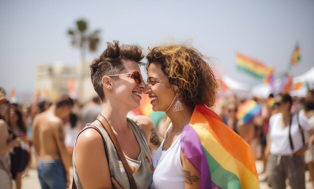 Foto gelukkige echtpaar viert op het strand bij de lgbtq pride parade in tel aviv israël pride month