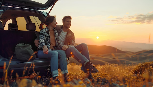 Gelukkige echtpaar zit in de kofferbak van hun nieuwe auto buiten bij zonsondergang