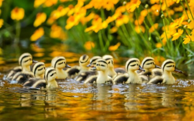 Gelukkige eendjes duiken in kristalhelder water met heldere bloemen om hen heen.