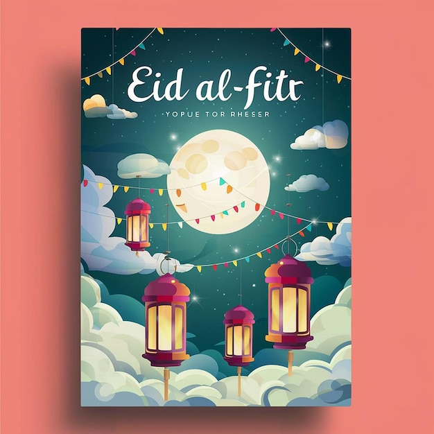 Gelukkige Eid AlFitr poster met een achtergrond van lantaarns maan en wolken