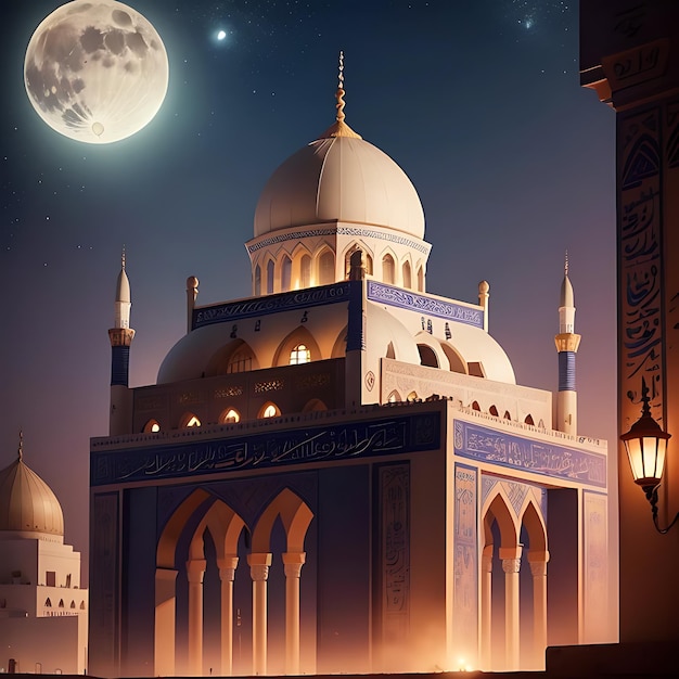 Gelukkige Eid Mubarak kalligrafie met holle gravure maan op gouden bokeh achtergrond Illustratie