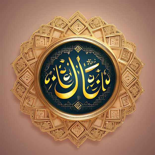 Foto gelukkige eid mubarak kalligrafie met holle gravure maan op gouden bokeh achtergrond illustratie