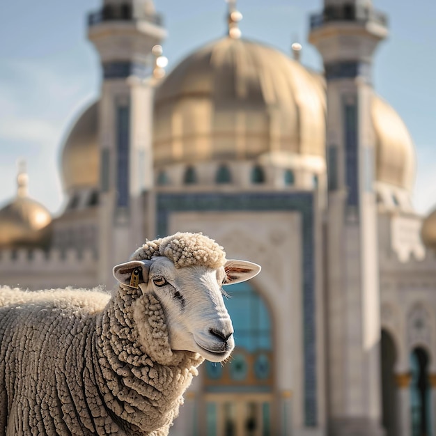 Gelukkige Eid Ul Adha van een nieuwsgierig schaap in de moskee