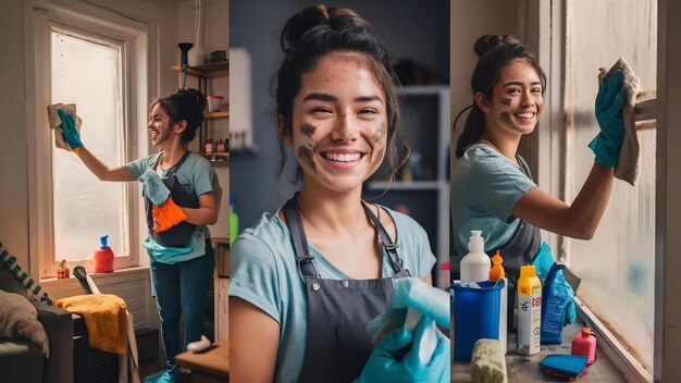 Gelukkige emotionele jonge vrouw met vuil op haar gezicht die opgewonden kijkt terwijl ze het huishoudelijk koor doet