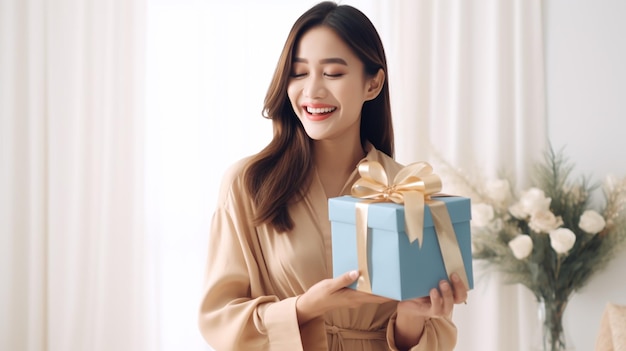 Gelukkige en glimlachende Aziatische vrouw met een geschenk Kopieer ruimte voor tekst