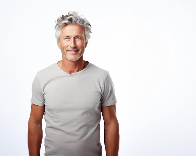 Gelukkige en glimlachende portret van een man van middelbare leeftijd met een T-shirt geïsoleerd op wit
