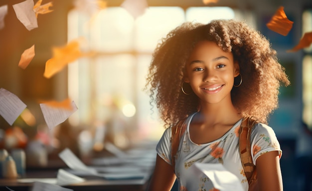 Gelukkige en lachende schoolmeisjes op school