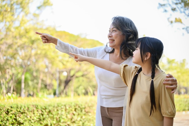 Gelukkige en mooie Aziatische kleindochter die een geweldige tijd heeft met haar oma in het park