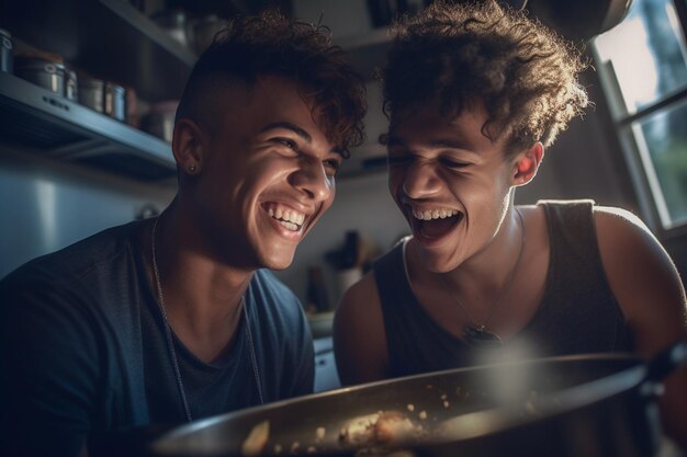 Gelukkige en sexy jonge homo paar koken maaltijd samen thuis