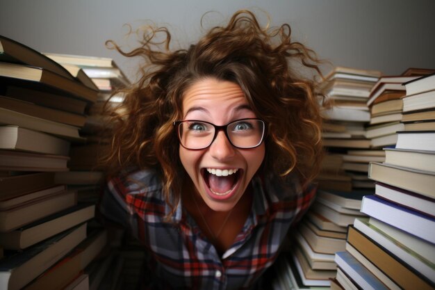 Foto gelukkige en tevreden vrouw glimlachend omringd door boeken die studeren voor examens en verdiept in literair lezen