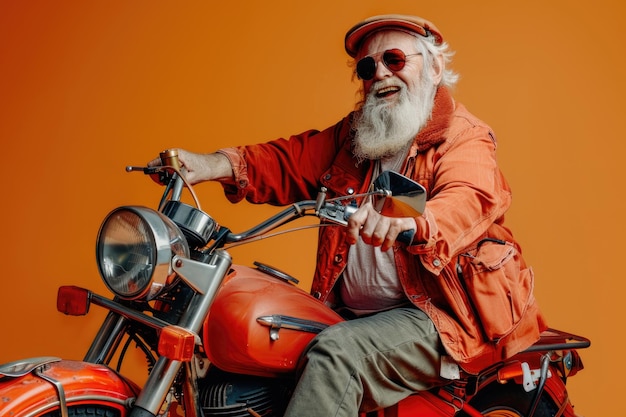 Gelukkige en vrolijke bejaarde man met baard op een oranje fiets op een kleurrijke achtergrond