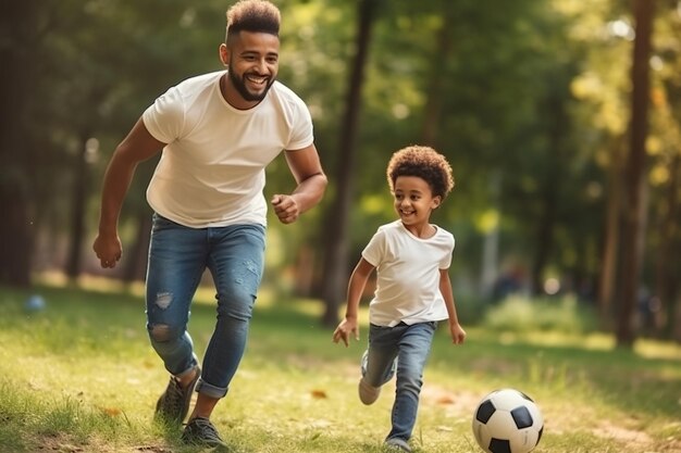 Gelukkige etnische familie vader en zoon voetballen in het park in de zomer