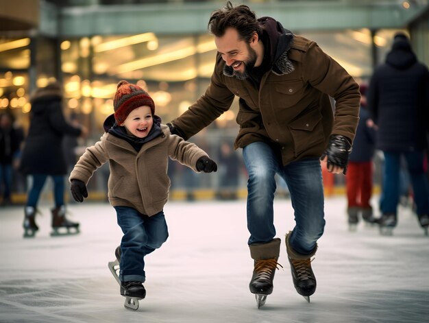 Gelukkige familie buiten in de winter Vader leert kind schaatsen