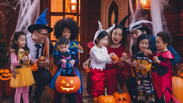 Gelukkige familie die Halloween samen doorbrengt.