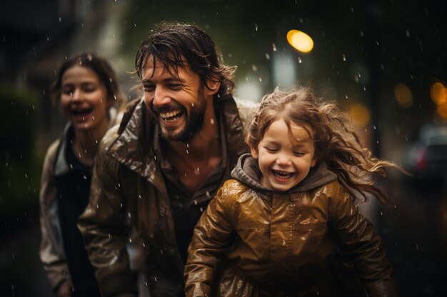 Gelukkige familie die in de regen speelt.