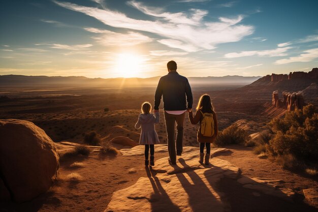 Foto gelukkige familie die op het pad loopt in monument valley, utah, vs