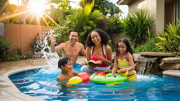Gelukkige familie die plezier heeft bij het zwembad.