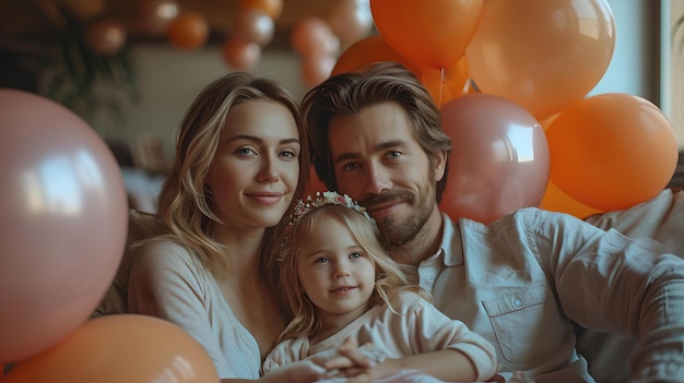 Gelukkige familie die samen viert, omringd door oranje ballonnen, liefhebbende ouders met een lachend kind in een feestelijke sfeer AI