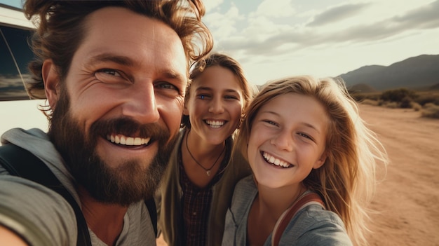 Gelukkige familie die selfie maakt op reis Gemaakt met generatieve AI-technologie