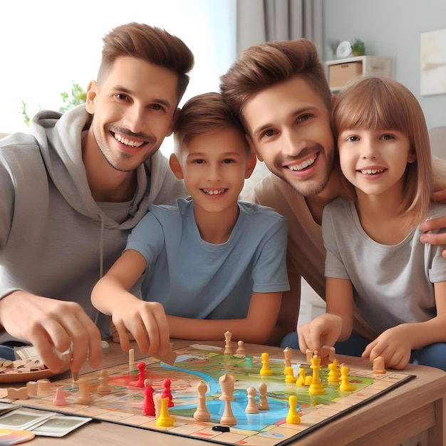 Foto gelukkige familie die thuis bordspellen speelt