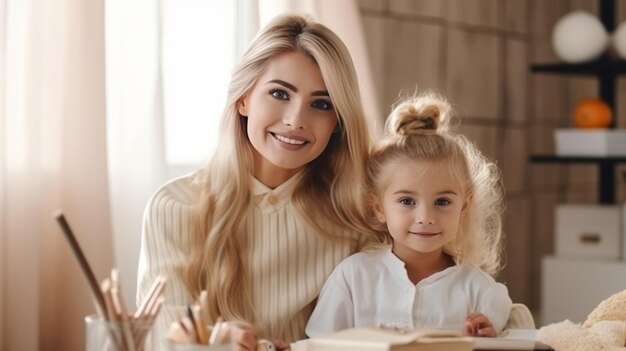 Gelukkige familie die zich voorbereidt op school Kleine meisje met moeder