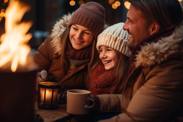 Foto gelukkige familie drinkt warme chocolade in de winter