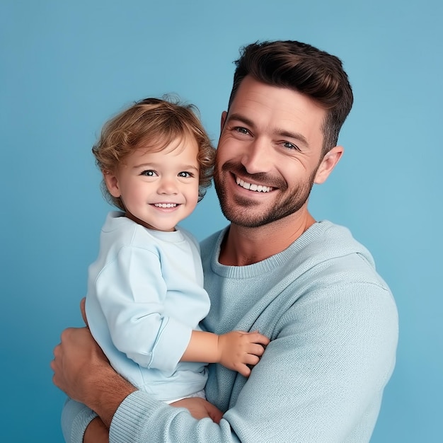 Gelukkige familie Een lachende vader en zoon in bijpassende blauwe outfits