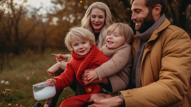 Foto gelukkige familie en lachende kinderen en vreugdevol