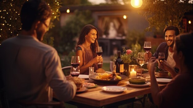 Gelukkige familie en vrienden die plezier hebben met het drinken van rode wijn in de open lucht BBQ diner feest gelukkige vrienden