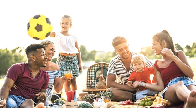 Gelukkige familie en vrienden zitten op het veld tijdens een picknick