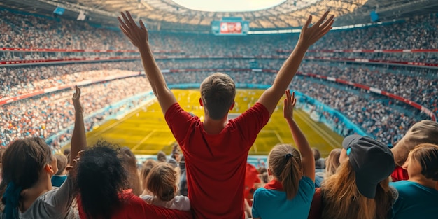 Gelukkige familie geniet van een live sportwedstrijd in een druk stadion Copy Space