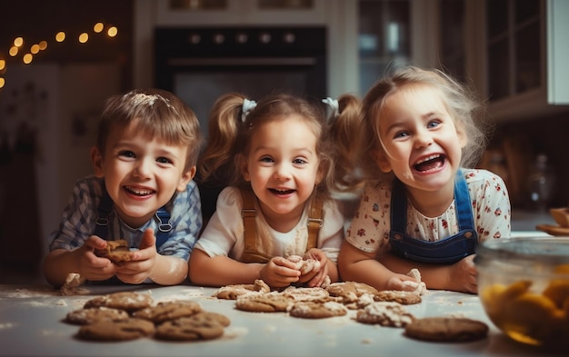 Gelukkige familie grappige kinderen bakken koekjes in de keuken creatief