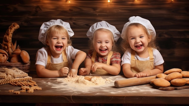 Gelukkige familie grappige kinderen bereiden de deegkoekjes voor in de keuken