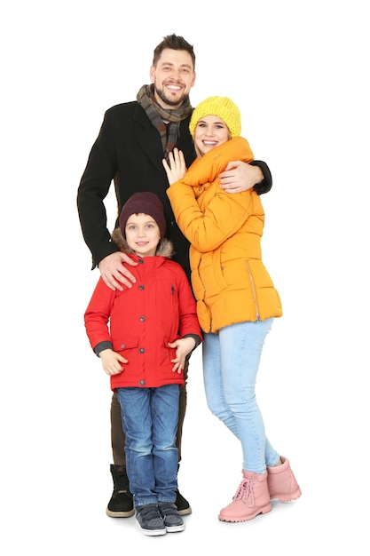 Gelukkige familie in warme kleding achtergrond. Klaar voor de wintervakantie