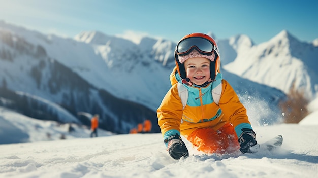 Gelukkige familie in winterkleding in het skigebied wintertijd kijken naar bergen